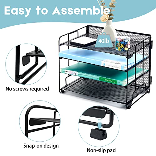 Hiaksedt Desk Organizers 4-Trays Desk File Organizers with 2 Hanging Pen Holders and Drawer,Office Desk Organizers and Accessories Paper Letter Tray Organizer for Home Office Supplies