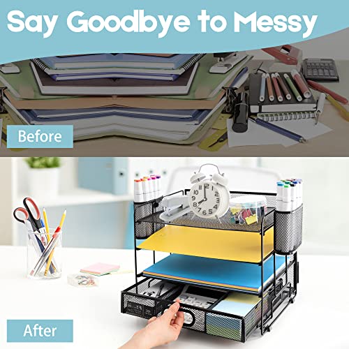 Hiaksedt Desk Organizers 4-Trays Desk File Organizers with 2 Hanging Pen Holders and Drawer,Office Desk Organizers and Accessories Paper Letter Tray Organizer for Home Office Supplies