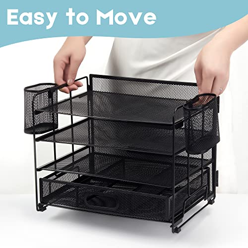 Hiaksedt Desk Organizers 4-Trays Desk File Organizers with 2 Hanging Pen Holders and Drawer,Office Desk Organizers and Accessories Paper Letter Tray Organizer for Home Office Supplies