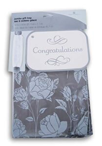 congratulations oversize plastic gift bag with tag and ribbon tie – silver roses- 36 x 44 inches