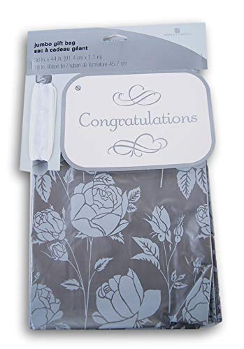 Congratulations Oversize Plastic Gift Bag with Tag and Ribbon Tie - Silver Roses- 36 x 44 Inches