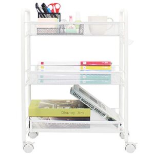 ovicar mesh wire 3 tier rolling cart, kitchen storage utility cart, multifunction basket stand for bathroom, full metal storage art trolley carts with wheels & 4 side hooks (white)