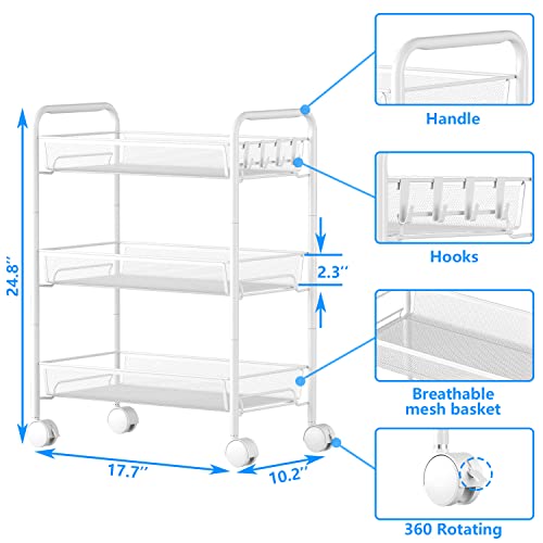 OVICAR Mesh Wire 3 Tier Rolling Cart, Kitchen Storage Utility Cart, Multifunction Basket Stand for Bathroom, Full Metal Storage Art Trolley Carts with Wheels & 4 Side Hooks (White)