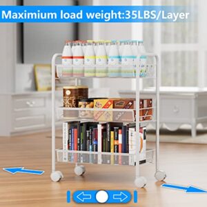 OVICAR Mesh Wire 3 Tier Rolling Cart, Kitchen Storage Utility Cart, Multifunction Basket Stand for Bathroom, Full Metal Storage Art Trolley Carts with Wheels & 4 Side Hooks (White)