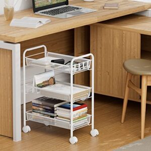 OVICAR Mesh Wire 3 Tier Rolling Cart, Kitchen Storage Utility Cart, Multifunction Basket Stand for Bathroom, Full Metal Storage Art Trolley Carts with Wheels & 4 Side Hooks (White)