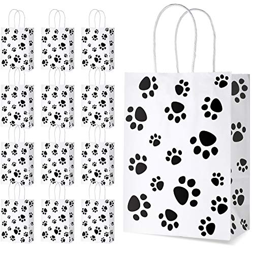 Blulu 20 Pieces Puppy Dog Paw Print Treat Bags with Paper Twist Handles, Paper Paw Print Goodie Bags Dog Gift Bags Cat Treat Bags for Pet Treat Party Favor, 6.3 x 3.1 x 8.6 Inch（White Backing）