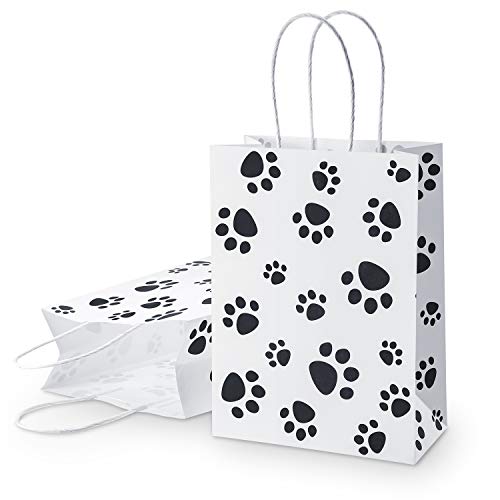 Blulu 20 Pieces Puppy Dog Paw Print Treat Bags with Paper Twist Handles, Paper Paw Print Goodie Bags Dog Gift Bags Cat Treat Bags for Pet Treat Party Favor, 6.3 x 3.1 x 8.6 Inch（White Backing）