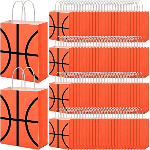 Zubebe 100 Pieces Basketball Party Favor Bags Paper Gift Bags Basketball Goody Treat Candy Bags with Handle for Kids Boys Girls Basketball Theme Party Favors Sport Decorations Supplies