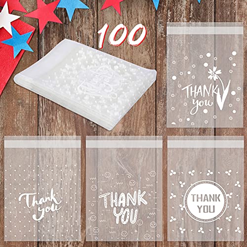 Konsait 100Count Thank You Cookie Candy Treat Bags Self-Adhesive Sweets Biscuit Dessert Bags Plastic Bags Packaging Thank You Cellophane Gift Goody Bags for Bithday Summer Party Favors Supplies