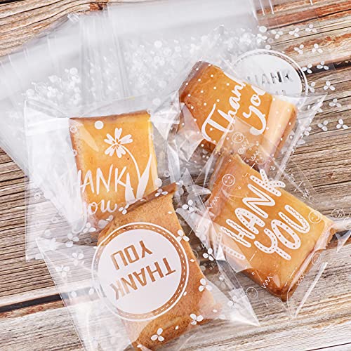 Konsait 100Count Thank You Cookie Candy Treat Bags Self-Adhesive Sweets Biscuit Dessert Bags Plastic Bags Packaging Thank You Cellophane Gift Goody Bags for Bithday Summer Party Favors Supplies