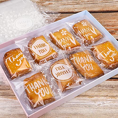 Konsait 100Count Thank You Cookie Candy Treat Bags Self-Adhesive Sweets Biscuit Dessert Bags Plastic Bags Packaging Thank You Cellophane Gift Goody Bags for Bithday Summer Party Favors Supplies