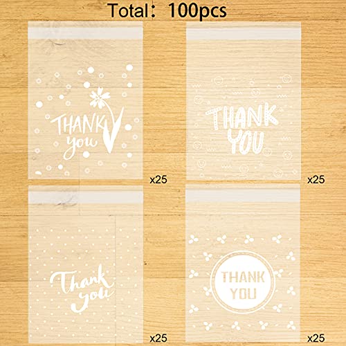 Konsait 100Count Thank You Cookie Candy Treat Bags Self-Adhesive Sweets Biscuit Dessert Bags Plastic Bags Packaging Thank You Cellophane Gift Goody Bags for Bithday Summer Party Favors Supplies