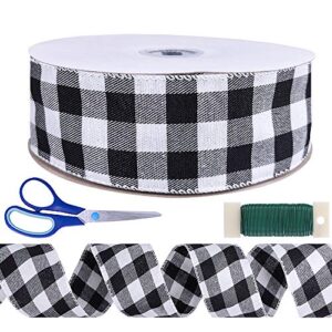 winlyn 50 yards black and white buffalo check plaid wired ribbon gingham ribbon 2.5″ wide for christmas tree wreath gift wrapping bows crafts floral arrangement festive farmhouse party decoration