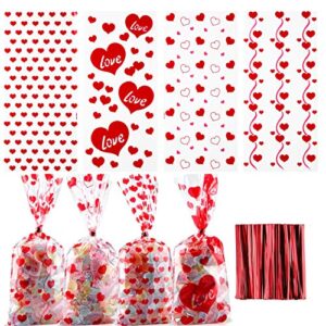 yoption 160pcs valentines heart clear cellophane treat bags with twist ties, valentine’s day wedding party favor bags for candies cookie chocolate snack
