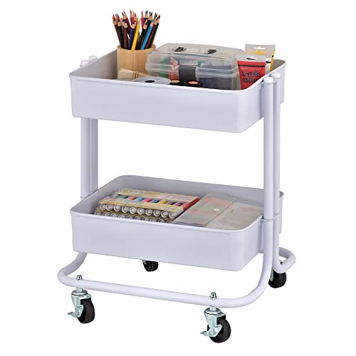 ECR4Kids 2-Tier Metal Rolling Utility Cart - Under Desk Office Storage, Multipurpose Mobile Organizer, White