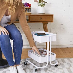 ECR4Kids 2-Tier Metal Rolling Utility Cart - Under Desk Office Storage, Multipurpose Mobile Organizer, White