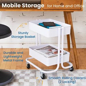 ECR4Kids 2-Tier Metal Rolling Utility Cart - Under Desk Office Storage, Multipurpose Mobile Organizer, White