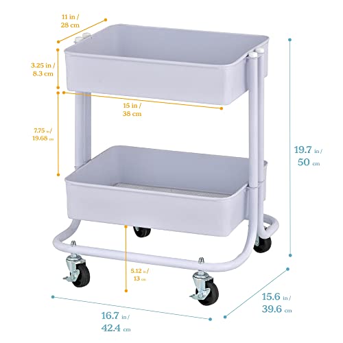 ECR4Kids 2-Tier Metal Rolling Utility Cart - Under Desk Office Storage, Multipurpose Mobile Organizer, White