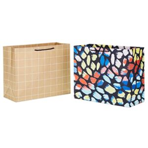 hallmark 10″ large horizontal gift bag bundle (2 bags: colorful brushstrokes, kraft brown grid) for birthdays, easter, mother’s day, graduations