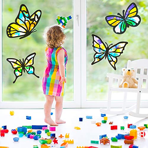 9 Pieces Spring Summer Suncatcher Kit, Butterfly Suncatchers Tissue Paper Butterfly Suncatchers Craft with 12 Colors Large Tissue Paper for Kid Art Craft DIY Window Art Party Favors