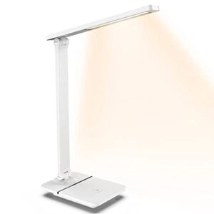 desk lamp with usb charging port , folding desk light with 3 color modes stepless dimming, eye-caring led desk lamps, multifunction table lamp touch control desk lamps for home office(white+black)