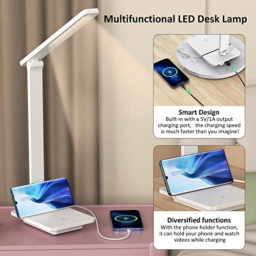 Desk Lamp with USB Charging Port , Folding Desk Light with 3 Color Modes Stepless Dimming, Eye-Caring LED Desk Lamps, Multifunction Table Lamp Touch Control Desk Lamps for Home Office(White+Black)