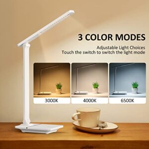 Desk Lamp with USB Charging Port , Folding Desk Light with 3 Color Modes Stepless Dimming, Eye-Caring LED Desk Lamps, Multifunction Table Lamp Touch Control Desk Lamps for Home Office(White+Black)