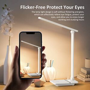 Desk Lamp with USB Charging Port , Folding Desk Light with 3 Color Modes Stepless Dimming, Eye-Caring LED Desk Lamps, Multifunction Table Lamp Touch Control Desk Lamps for Home Office(White+Black)