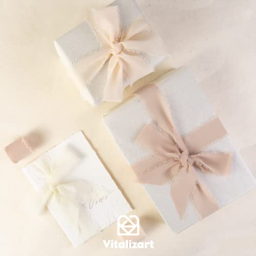 Vitalizart 3 Rolls Handmade Fringe Chiffon Silk Ribbon Gauze 1.5" x 7Yd Nude & White Ribbons Set for Wedding Invitations Bridal Bouquets Gift Wrapping Holiday Decor