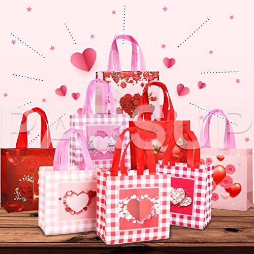 8PCS Happy Valentines Day Reusable Gift Bags, Treat Bags with Handles, Valentines Day Party Bags, Multifunctional Non-Woven Valentines Bags for Gifts Wrapping, Valentines Party Supplies, 8.7×9.2×4.3inch