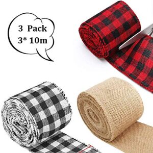 wired edge burlap ribbon 3 rolls,30 yards x 2.5 in black red plaid ribbon, black white buffalo plaid ribbon and burlap ribbon for crafts gift wrapping decoration