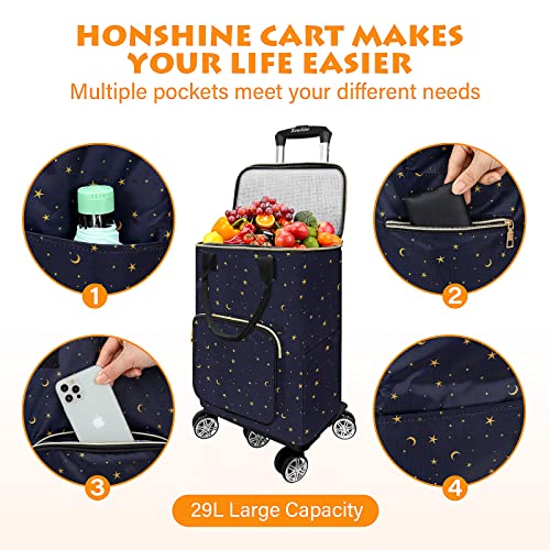 Honshine Shopping Cart with 5 Swivel Wheels, Foldable Grocery Cart with Large Waterproof Removable Bag & Telescoping Handle, Trolley for Grocery Laundry Book Beach (Deep Blue)