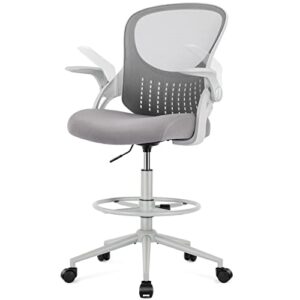 drafting chair, tall office chair tall standing desk chair counter height adjustable office chair for standing desk, mid-back mesh drafting chair with flip-up arms, foot-ring, wheels, grey