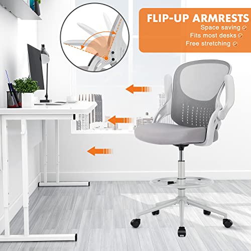 Drafting Chair, Tall Office Chair Tall Standing Desk Chair Counter Height Adjustable Office Chair for Standing Desk, Mid-back Mesh Drafting Chair with Flip-up Arms, Foot-ring, Wheels, Grey