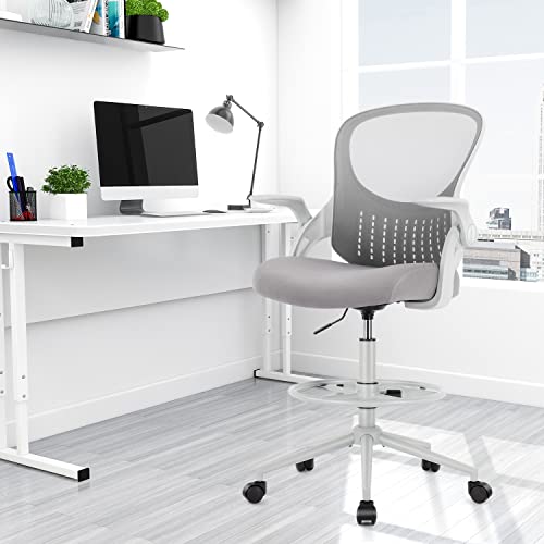 Drafting Chair, Tall Office Chair Tall Standing Desk Chair Counter Height Adjustable Office Chair for Standing Desk, Mid-back Mesh Drafting Chair with Flip-up Arms, Foot-ring, Wheels, Grey