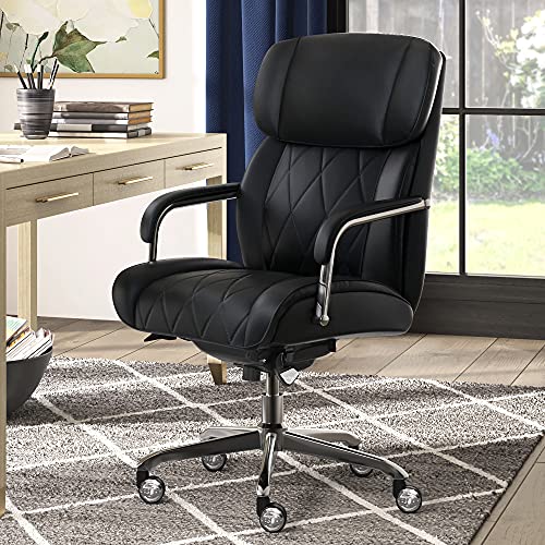 La-Z-Boy Sutherland Quilted Leather Executive Office Chair with Padded Arms, High Back Ergonomic Desk Chair with Lumbar Support, Black Bonded Leather