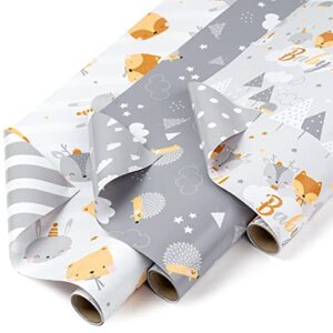wrapaholic reversible baby shower wrapping paper roll – mini roll – 3 rolls – 17 inch x 120 inch per roll – cute hedgehog, animals & baby lettering
