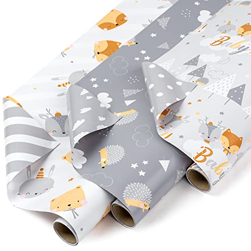 WRAPAHOLIC Reversible Baby Shower Wrapping Paper Roll - Mini Roll - 3 Rolls - 17 Inch X 120 Inch Per Roll - Cute Hedgehog, Animals & Baby Lettering