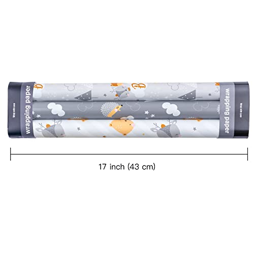 WRAPAHOLIC Reversible Baby Shower Wrapping Paper Roll - Mini Roll - 3 Rolls - 17 Inch X 120 Inch Per Roll - Cute Hedgehog, Animals & Baby Lettering