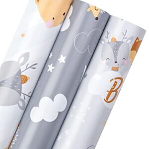 WRAPAHOLIC Reversible Baby Shower Wrapping Paper Roll - Mini Roll - 3 Rolls - 17 Inch X 120 Inch Per Roll - Cute Hedgehog, Animals & Baby Lettering