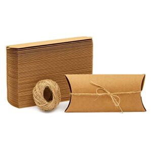 100 pack kraft pillow boxes with twine for jewelry, wedding, party favors, gift cards (7.5 x 3.7 in)