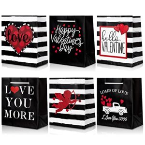whaline 12pcs valentine’s day paper gift bags with handle white black stripe candy goodie bag heart love truck cupid holiday treat bags party favor bags for wedding engagement wrapping gift supplies