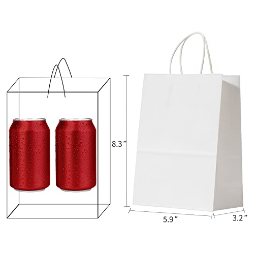 RACETOP Small White Gift Bags with Handles Bulk, 5.9"x3.2"x8.3" 50Pcs, Small White Paper Bags with Handles Bulk, Mini Gift Bags, Gift Bags Bulk, Party Bags, Shopping Bags, Merchandise Bags