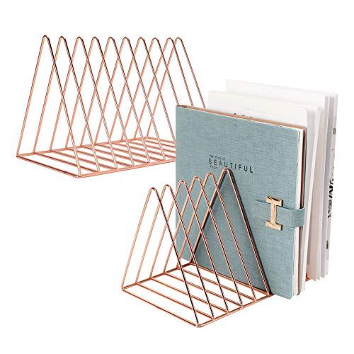 PENNGKE 2 Pcs Magazine Holder,Newspapers Holder,Letters Storage,Desktop File Sorter Organizer Triangle Bookshelf Decor Home Office,Rose Gold