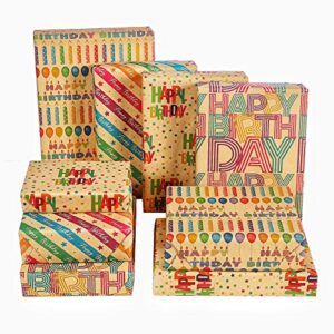 thmort birthday wrapping paper for kids, boys&girls, adults. kraft brown recycled gift wrapping paper ,rainbow stripe happy birthday 4 colorful designs for baby shower, holiday, party pack of 12 sheets 29 x 20 inch.