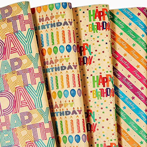 THMORT Birthday Wrapping Paper for Kids, Boys&Girls, Adults. Kraft Brown Recycled Gift Wrapping Paper ,Rainbow stripe Happy Birthday 4 Colorful Designs for Baby Shower, Holiday, Party Pack of 12 Sheets 29 X 20 Inch.