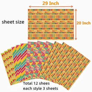 THMORT Birthday Wrapping Paper for Kids, Boys&Girls, Adults. Kraft Brown Recycled Gift Wrapping Paper ,Rainbow stripe Happy Birthday 4 Colorful Designs for Baby Shower, Holiday, Party Pack of 12 Sheets 29 X 20 Inch.