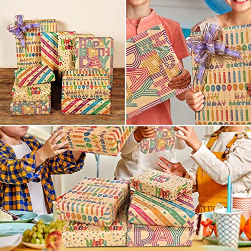 THMORT Birthday Wrapping Paper for Kids, Boys&Girls, Adults. Kraft Brown Recycled Gift Wrapping Paper ,Rainbow stripe Happy Birthday 4 Colorful Designs for Baby Shower, Holiday, Party Pack of 12 Sheets 29 X 20 Inch.