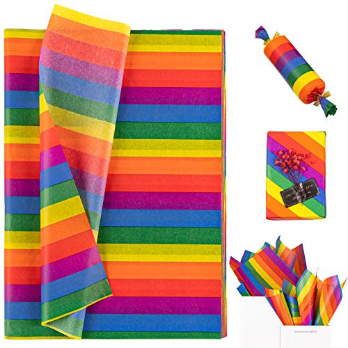 Whaline 100 Sheet Rainbow Tissue Paper Crepe Paper Colorful Stripes Art Tissue Bulk Colored Gift Wrapping Paper for DIY Art Craft Gay Pride Party Gift Bags Birthday Wedding Favors