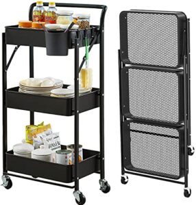3 tier foldable storage cart with wheels folding utility rolling cart metal kitchen storage organzier cart for classroom, bedroom, living room